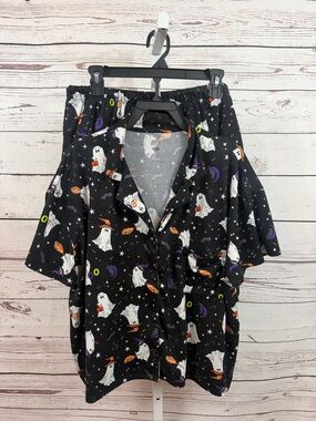 Celebrate Halloween 2 pc Black Ghost Print Button-Up Pajama Top & Shorts Large
